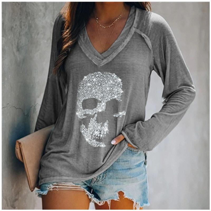 Lässige langärmelige Blusen, lockere T-Shirts, Totenkopf-bedruckte Tops, Damenmode, Herbst-Winter, V-Ausschnitt, Baumwollhemden XL graue