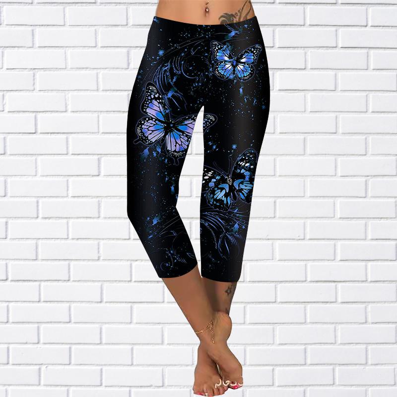 Hosen Sommer Gelbe Schmetterling Kurze Leggings Abgeschnittene Röhrenhose Plus Size Leggins Damen Drei Schmetterlinge Hosen Abgeschnittene Hosen 6XL blau