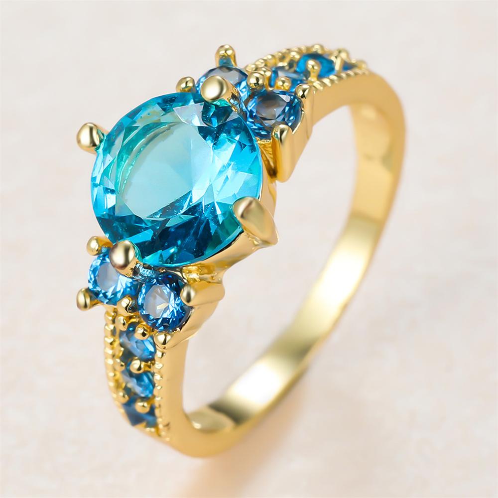 Aqua Blauer Kristall Runder Stein Verlobungsringe Für Frauen Vintage Goldfarbe Eheringe Geburtsstein Schmuck Muttertagsgeschenke 9 blue