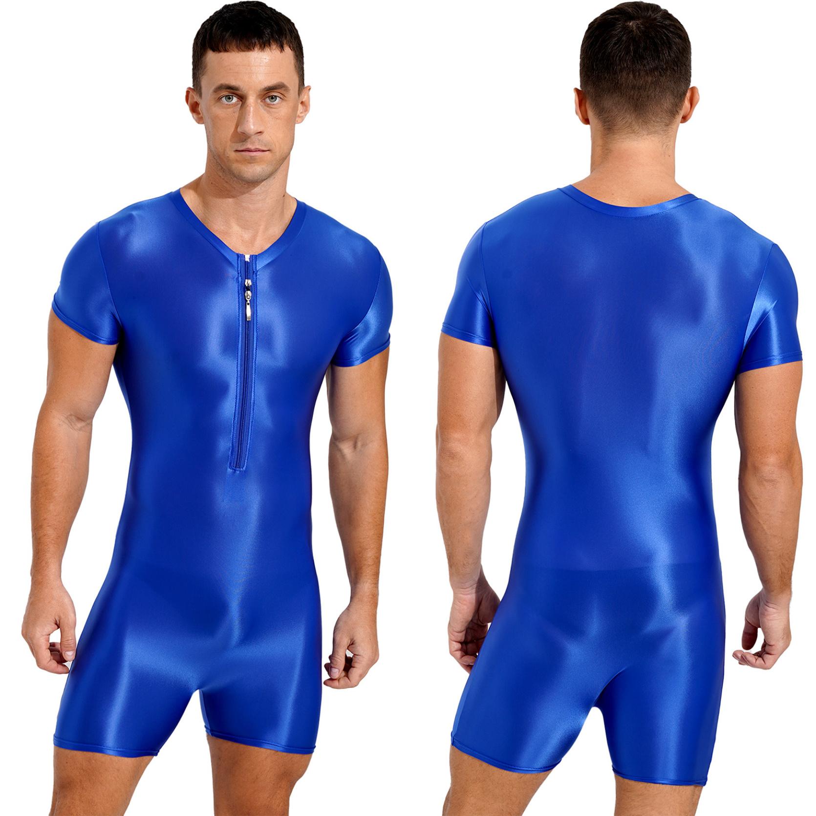 Herren-Badeanzug, kurzärmelig, Reißverschluss, Overall, glänzend, dehnbar, Rundhalsausschnitt, Sport-Fitness-Badeanzug XL blau