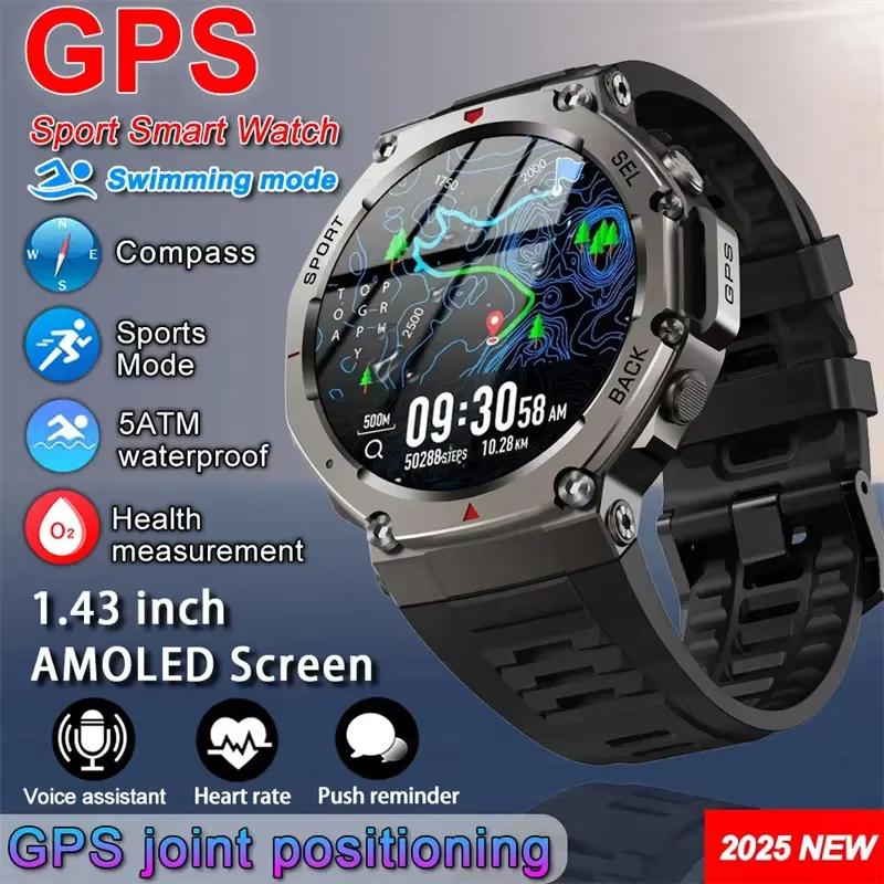 2025 Neue GPS Smartwatches Premium Militär Smartwatch Herren Kompass Höhenmesser 10ATM Wasserdicht 170 Sportmodi Eingebautes GPS BT Anruf schwarz