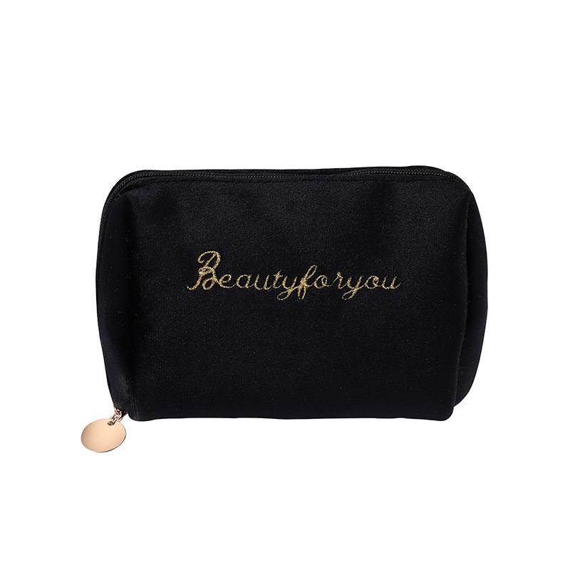 Damen-Make-up-Tasche mit Reißverschluss, Samt, für Reisen, große Kosmetiktasche für Make-up, einfarbig, Make-up-Beutel für Frauen, das Nötige schwarz