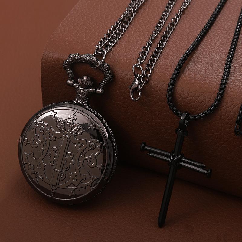 2-teiliges Set, Taschenuhren für Herren, schlichte schwarze Quarz-Taschenuhr für Herren und 1 klassischer Kreuz-Halskettenanhänger, ideale Wahl als Valentinstagsgeschenk für Männer