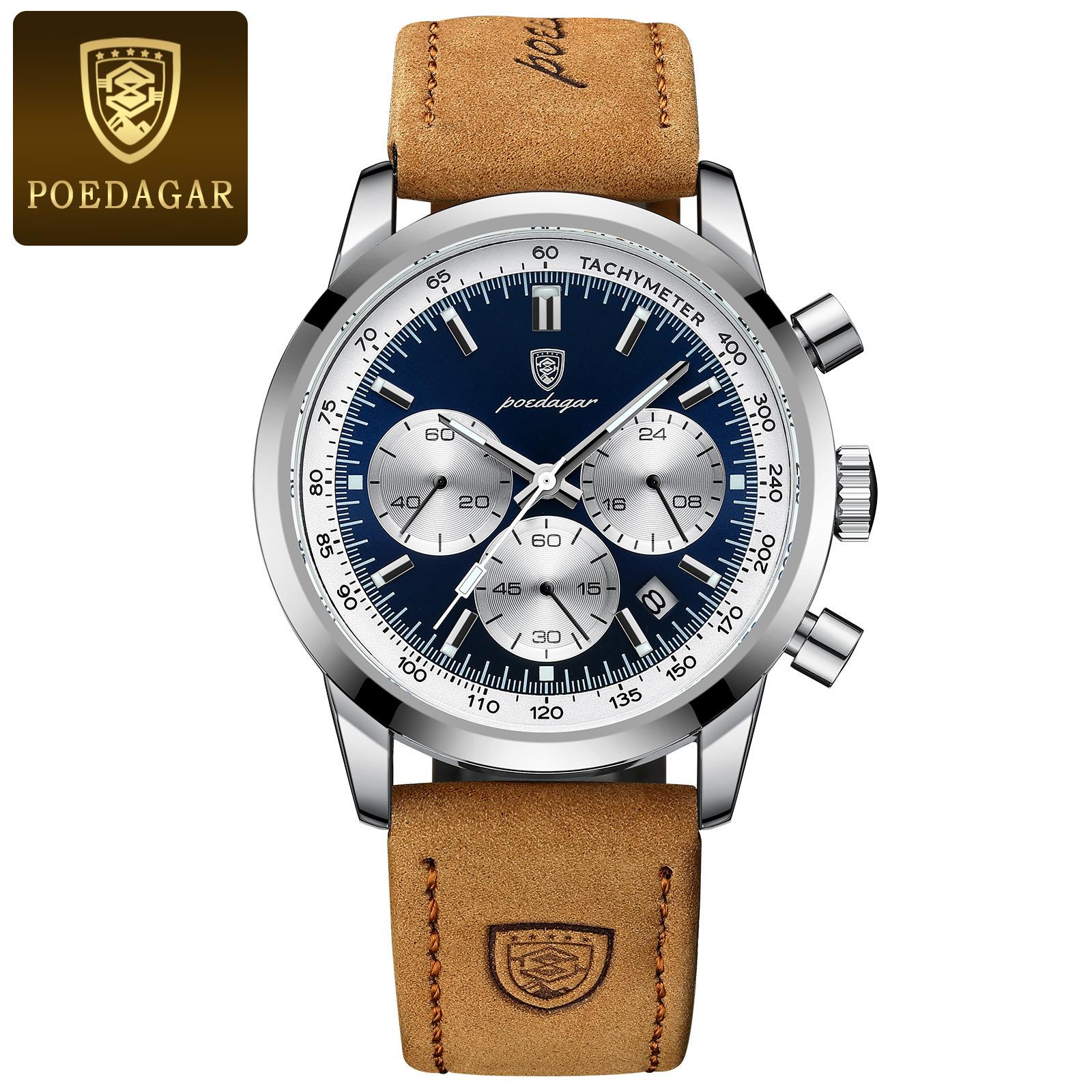 Luxus Mann Uhr Hohe Qualität Wasserdicht Chronograph Leucht männer Armbanduhr Leder Männer Quarz Uhren Casual Uhr blau