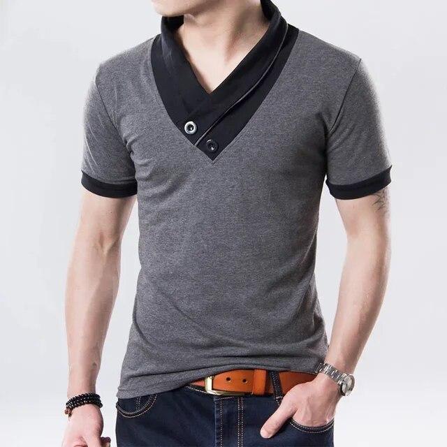 Herren Sommer Casual Kurzarm T-Shirts Übergroße Patchwork Kragen T Tops V-Ausschnitt Männer T-Shirt Baumwolle T Shirts M-5XL XXXXXL graue