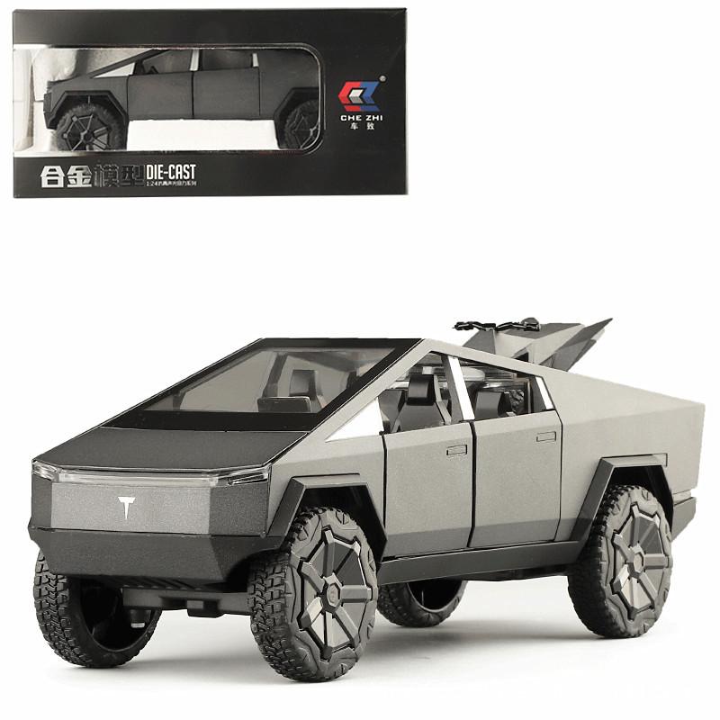 Pickup-Truck im Maßstab 1/24, Tesla Cyber Truck, Modellauto aus Druckgussmetall mit Ton und Licht, Rückzug, für Kinder geeignet 1/24-Size:22.5*8.5*8cm schwarz