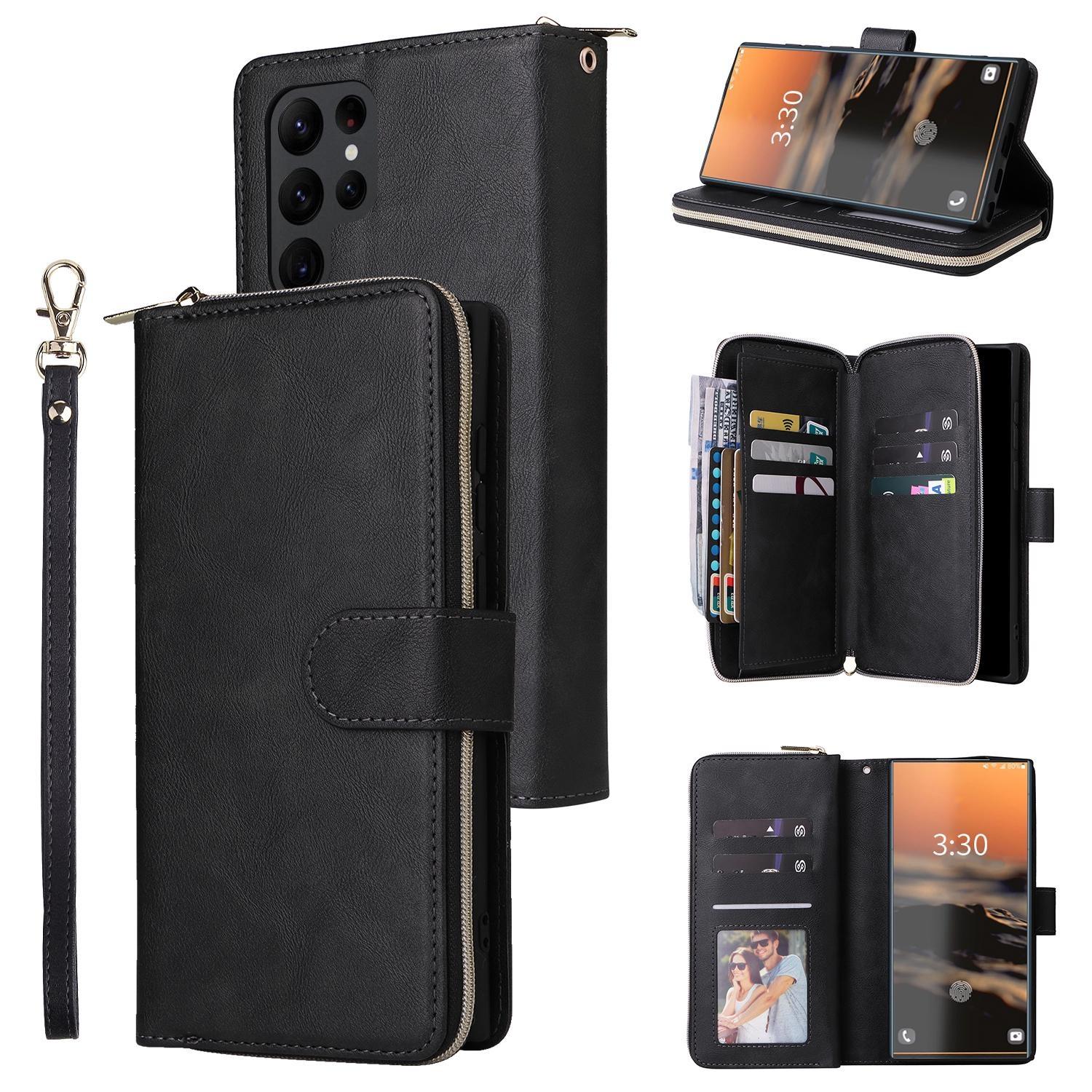 Brieftasche 9 Kartenfächer Flip Reißverschluss Ledertasche für Samsung S23 S22 S21 Ultra Plus S21 S20 FE A14 A54 A13 A53 Für iPhone 15 14 13 12 11 Pro Max XS Max 8P Samsung S21 Plus schwarz