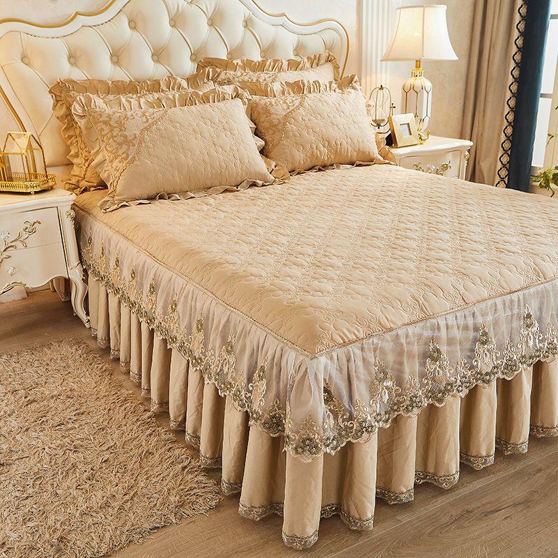 Bettvolant aus verdickter Baumwolle, einteilig, Tagesdecke aus gesteppter Baumwolle im europäischen Stil mit Spitze, dreiteiliges Set, neue rutschfeste Tagesdecke für alle Jahreszeiten 1.2*2.0m