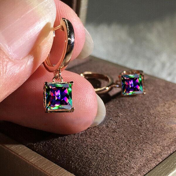 Rose Gold Silber Farbe Luxus Princess Cut Weiß Blau Rot Grün Stein Tropfen Ohrstecker Damen Hochzeit Schmuck Geschenke rose gold/bunt