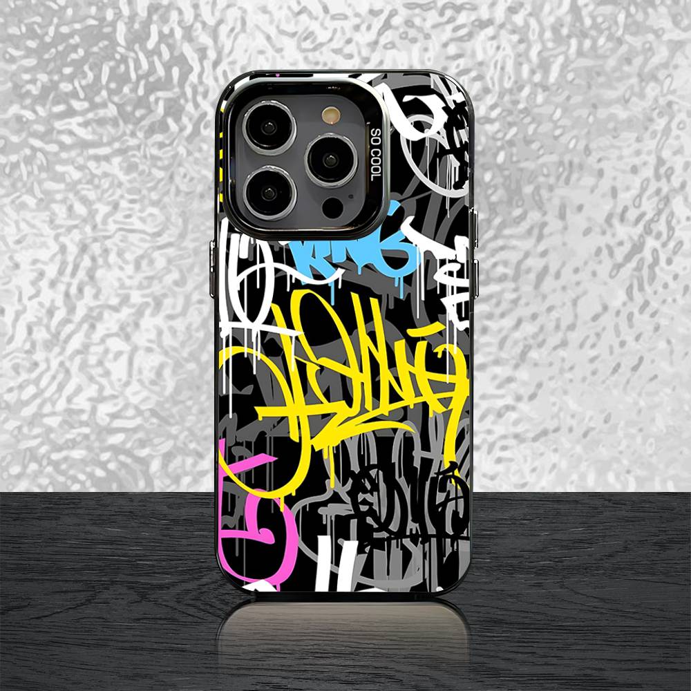 Coole Bunte Graffiti Handyhülle Für iPhone 16,15,14,13,12,11,Pro,XS,Max,Plus,Mini,SE Schwarze Candy Mat Stoßfeste Hülle iPhone11