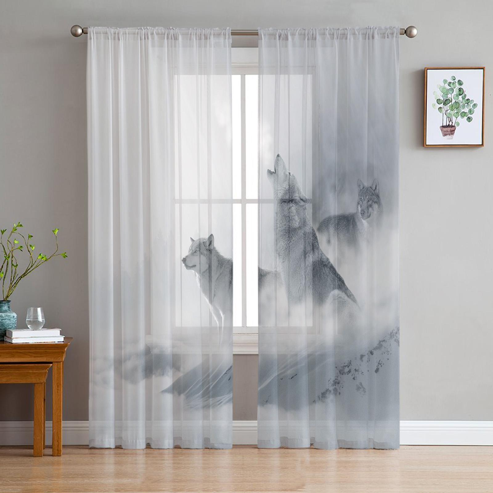 Wolf Wald Tier Tüll Vorhänge für Wohnzimmer Voile Sheer Fenster Vorhang für Schlafzimmer Chiffon Vorhänge für Küche 135W x 244H(cm)