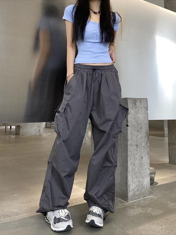 Y2K Frauen Streetwear Cargo Hosen Harajuku Casual Solide Baggy Gerade Hosen Mode Breite Bein Taschen Joggers Hosen S grau