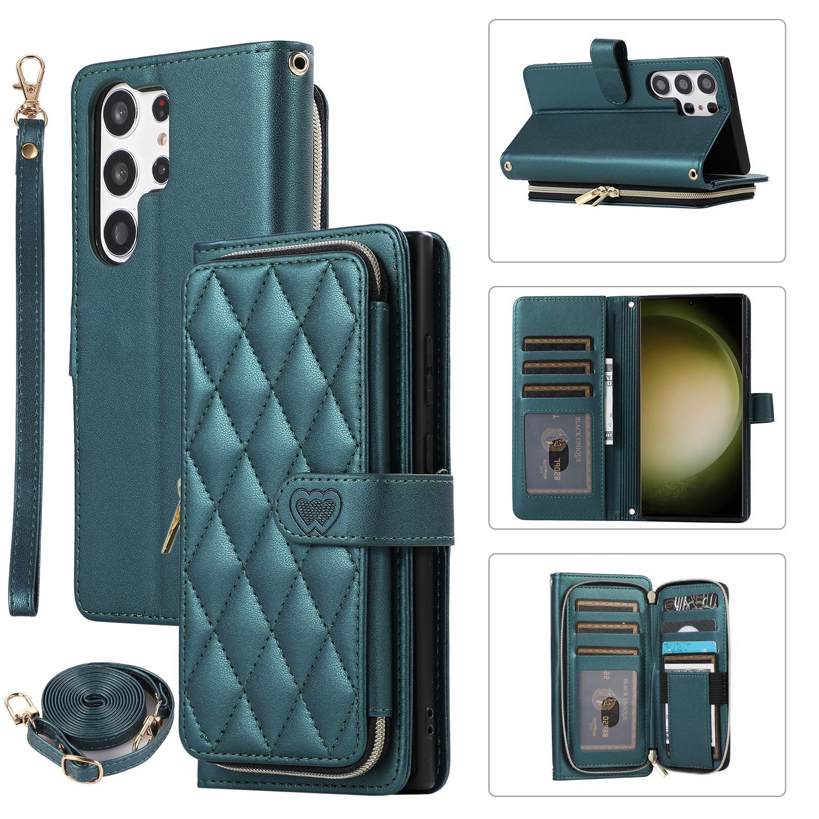 Reißverschluss-Geldbörse, 9 Karten, Tasche, Flip-Ledertasche für Samsung S23 S22 S21 S20 Ultra Plus S21FE A14 A54 A13 A53 A12 / iPhone 15 14 13 12 Pro Max XS Max 7P 8P Samsung S21 Ultra dunkelgrüne