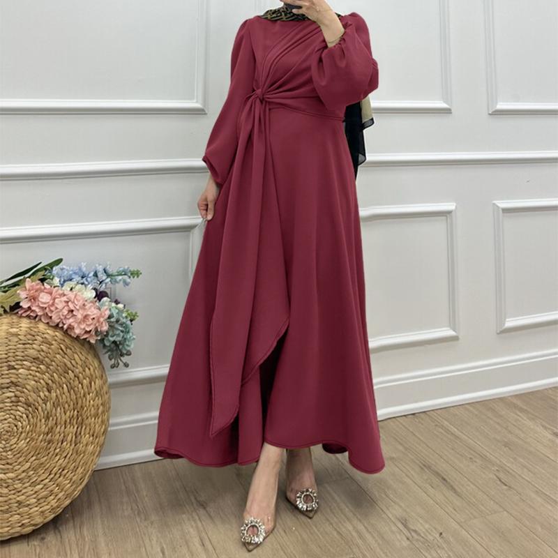 ZANZEA Damen Lässiges Rundhals-Langarm-Muslim-Langkleid 3XL wein rot