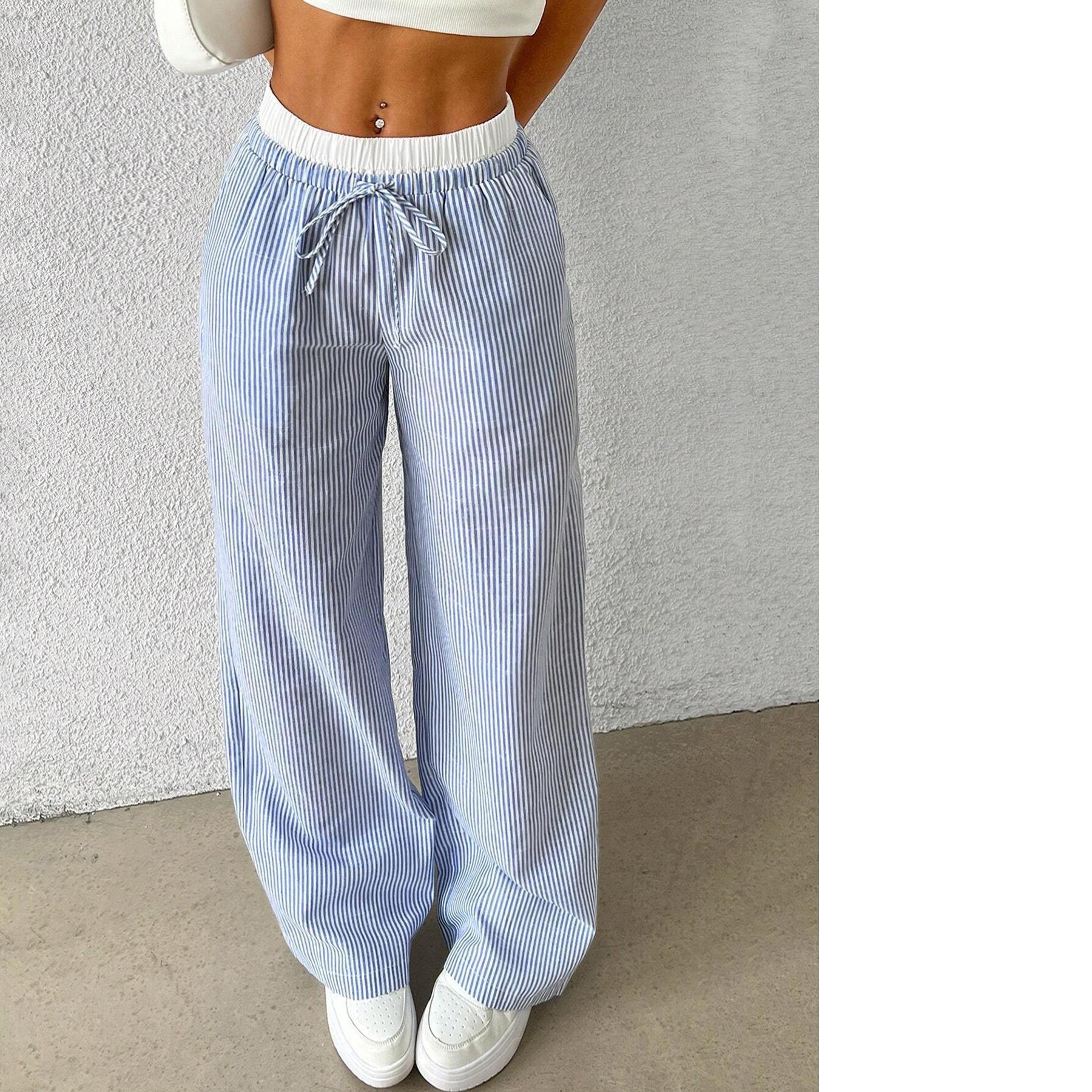 Sommer Damen Lässige Gestreifte Damen Weite Hosen Lässige Stilvolle Länge Hosen Gestreift Kariert Color-blocking Locker Weite Hosen Lässige Hosen XS blau