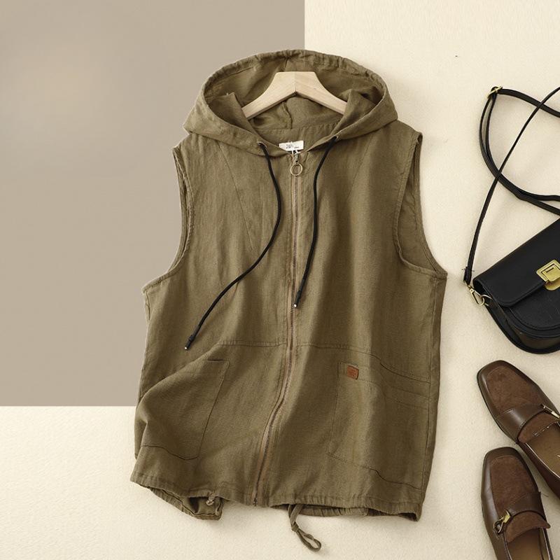 Frühling Sommer Damen Retro Kapuzen Weste Baumwolle Leinen Lässig Locker Ärmellos Westen Kurze Jacke für Damen Westen M kaffeebraun