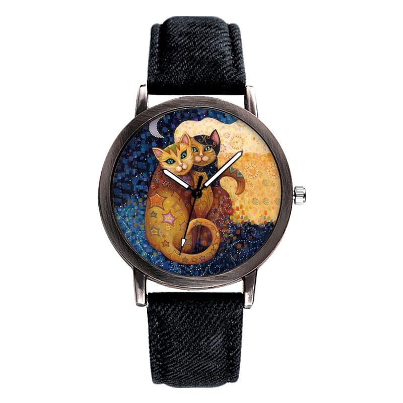 Neue Luxus Damen Uhr Mode Dame Kreative Schöne Katze Uhren Einfaches Retro Denim Armband Quarz Uhr Geschenk Reloj Mujer