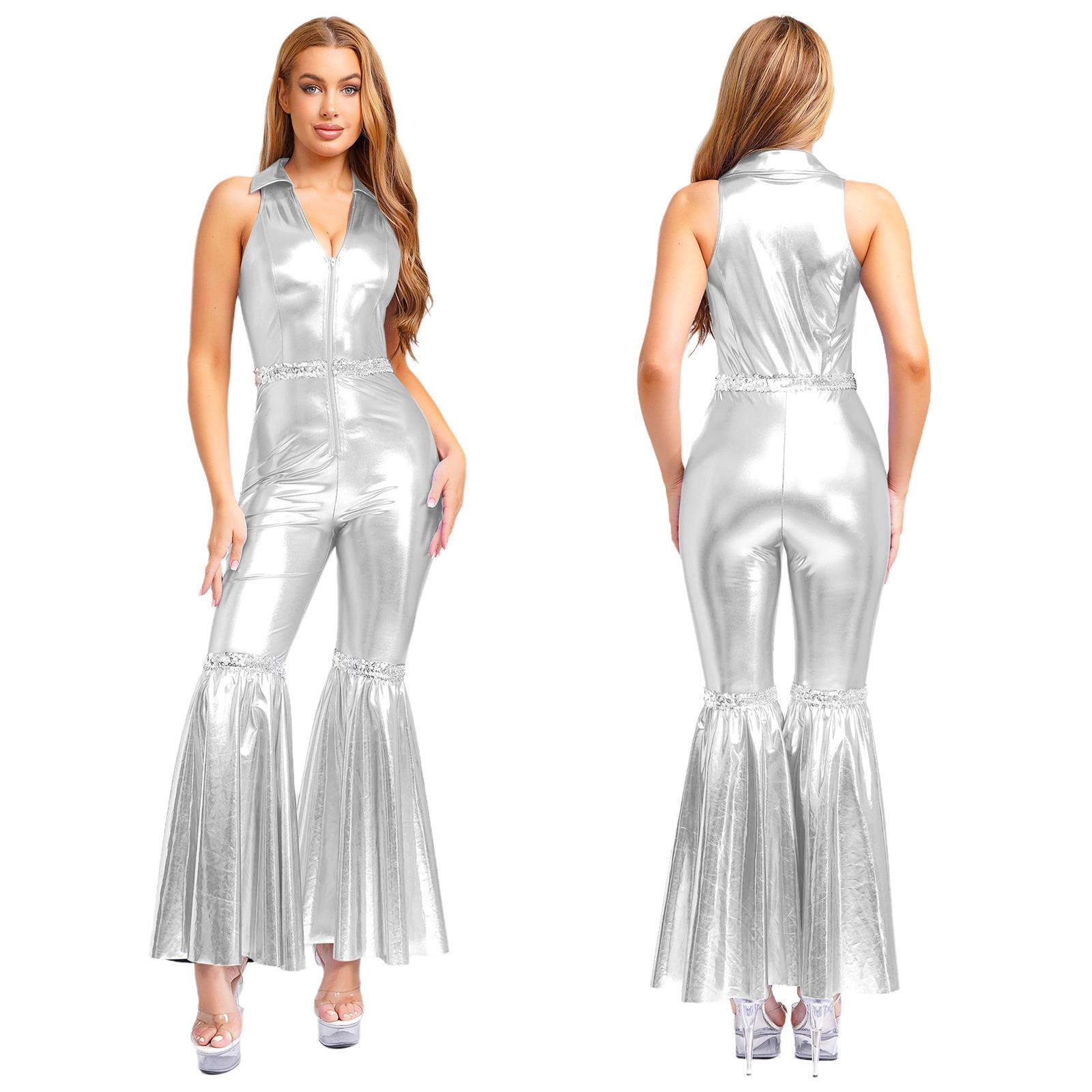 Damen 70er Disco Jumpsuit - Revers V-Ausschnitt Ärmelloser Jumpsuit mit Pailletten & Schlaghosen für Retro-Party L silber