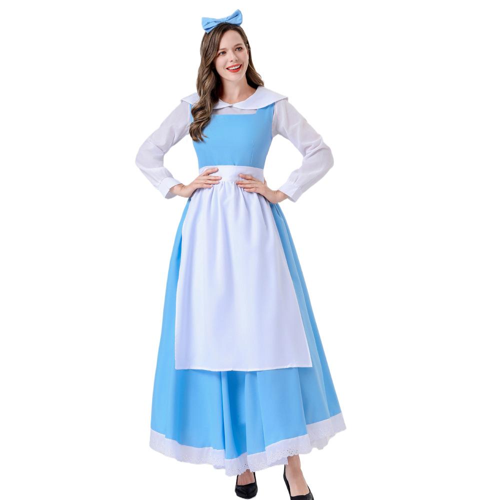 Halloween Belle Prinzessin Cosplay Kostüm Dienstmädchen Outfit Performance Rollenspiel Halloween Weihnachten Blaues Kleid für Frauen S