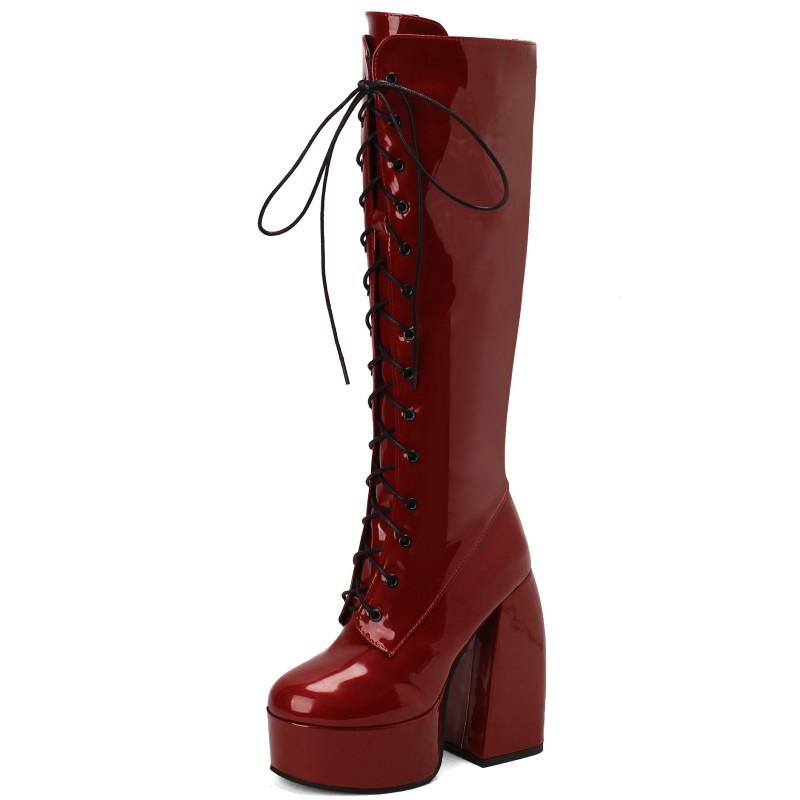 Sexy Lace Up Plateau Lange Stiefel Damen Dicke Gothic Heels High Knee Boot Winter Rot Schwarz Grün Fetisch Party Schuhe Große Größe 48 39 wein rot