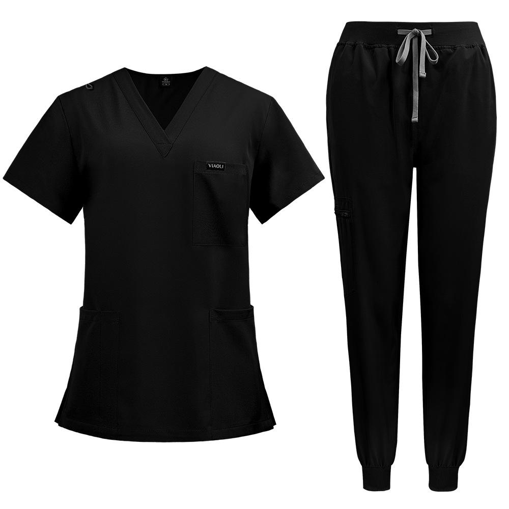 Damen Scrubs Set Joggerhose Henley Zweiteiliges Oberteil und Hose V-Ausschnitt Stretchig Krankenschwester Arbeitsuniform mit Tasche XXL schwarz
