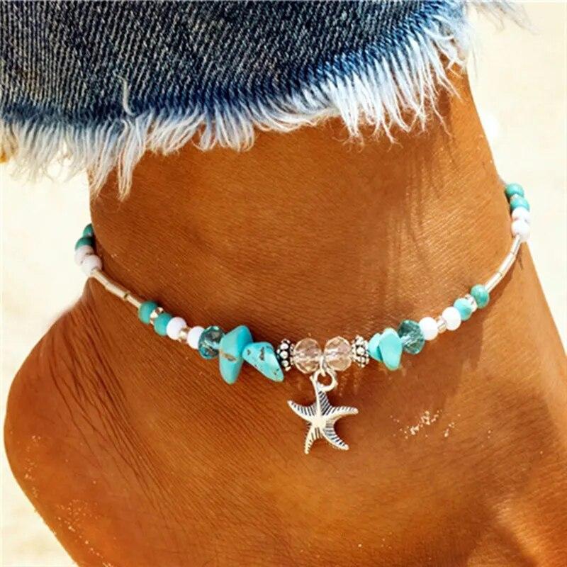Neue Shell Perlen Seestern Fußkettchen für Frauen Strand Fußkettchen Bein Armband Handgemachte Böhmische Fuß Kette Boho Schmuck Sandalen Geschenk orange