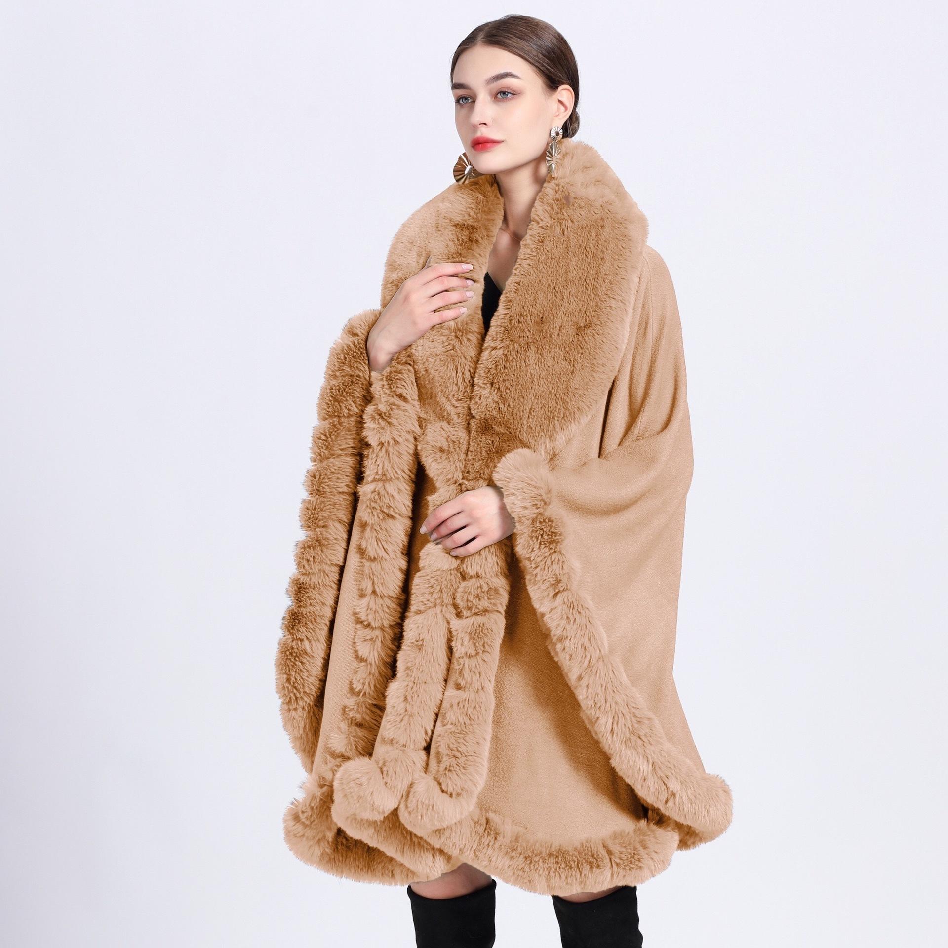 Eleganter V-Revers-Faux-Rex-Kaninchen-Pelz-Mantel-Umhang-Winter-Frauen-großer langer Schal-voller Trim-Pelz-Strickmantel-Mantel-großer Parka One size kamelfarben