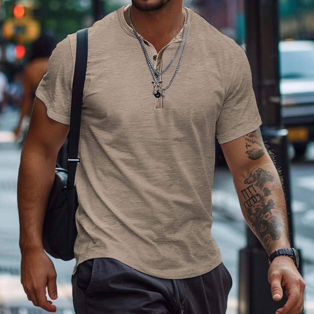 Henry Shirt Sommer Herren Casual Einfarbig Kurzarm T-Shirt für Männer Polo Herren Baumwolle Herren T-Shirts US XXXL(100-110KG) khaki
