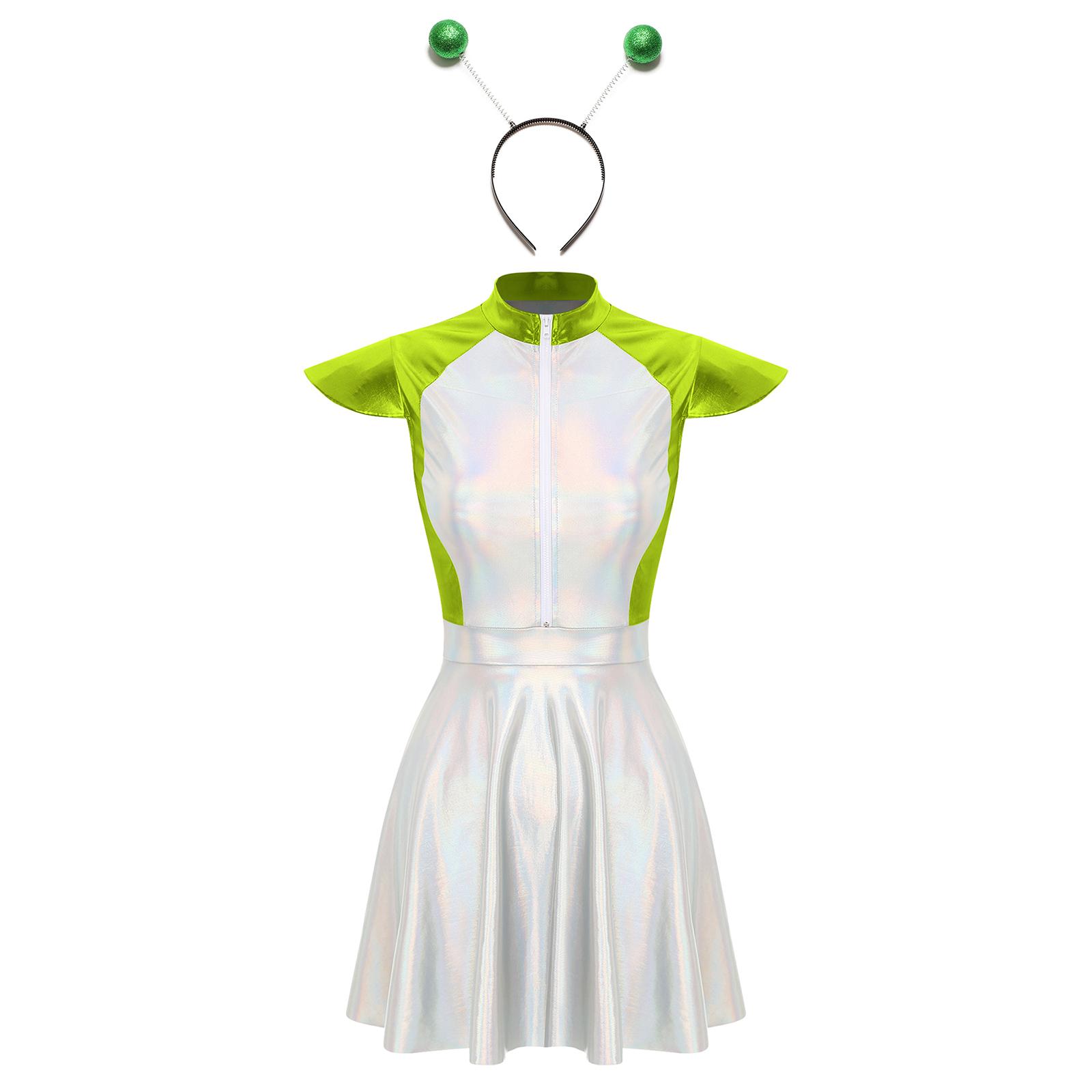 S-4XL Damen Halloween Alien Cosplay Kostüm - Outer Space Cutie Ärmelloses Glitzerkleid mit Alien-Haarreif Partykostüm 4XL grün