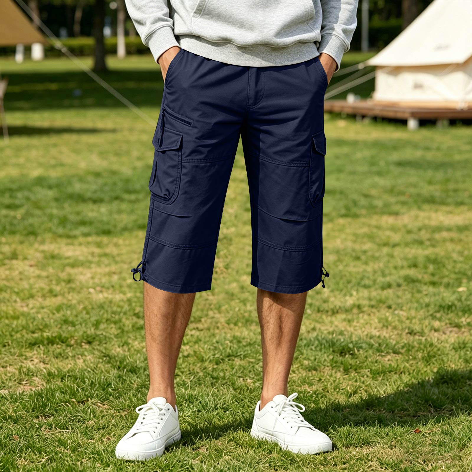 Herren lockere Cargo-Shorts leichte Arbeitskleidung Mehrere Taschen knielang Baumwollmischung Freizeit-Hosen XXL dunkelblau