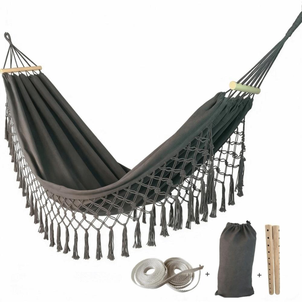 Canvas Camping Hängematte Böhmischer Stil Garten Schaukel Hängematte Langlebige Doppelhängematte Balkon grau