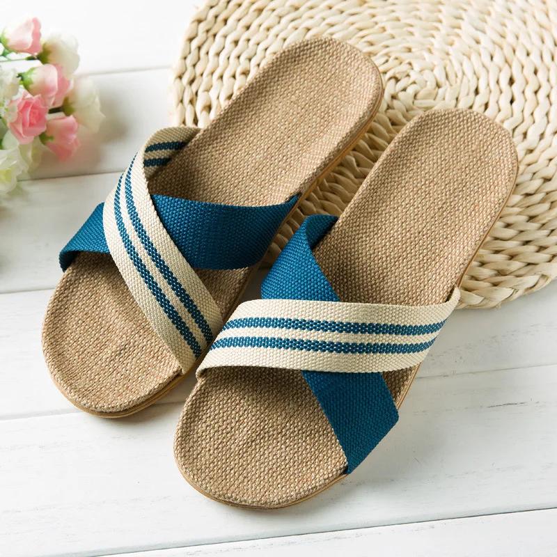 Mode Sommer Leinen Damen Hausschuhe Flache Sandalen Heimfarbe EVA Leichte Schuhe für Damen Lässige Hausschuhe 2025 39-40 dunkelblaue