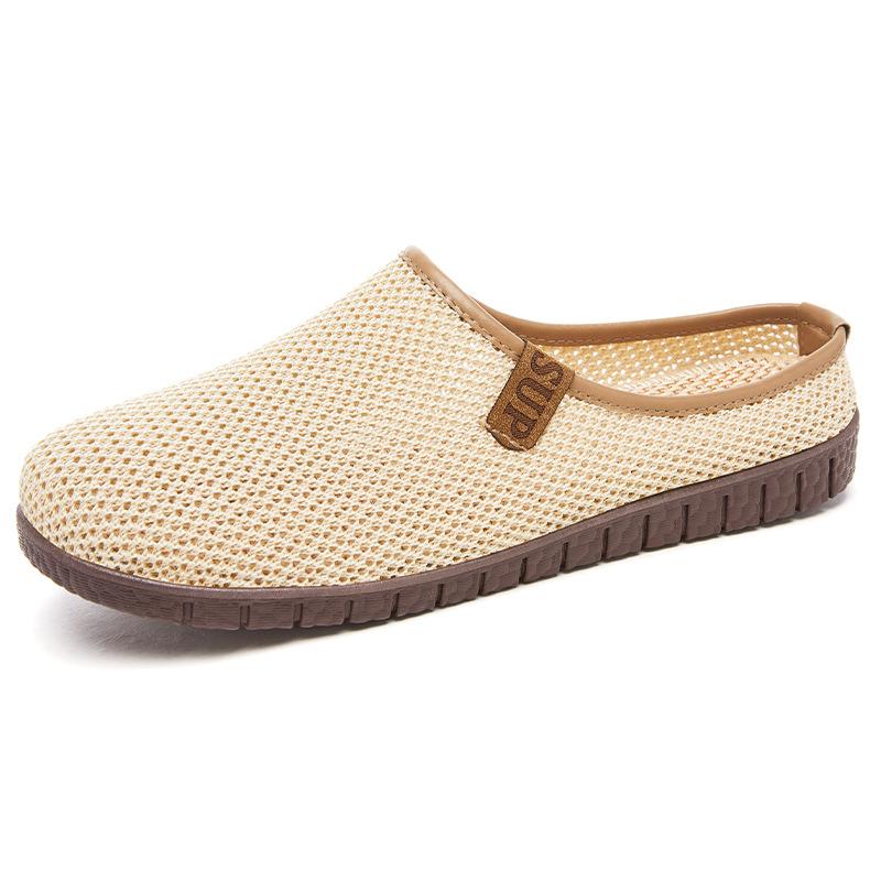 Hausschuhe für Damen-Outdoor-Bekleidung Sommer Atmungsaktive Freizeitschuhe für Flachen Mund Fliegendes Gewebe Ausgehöhlte Damenschuhe mit Ein-Fuß- und Halb-Schlepp 41 beige