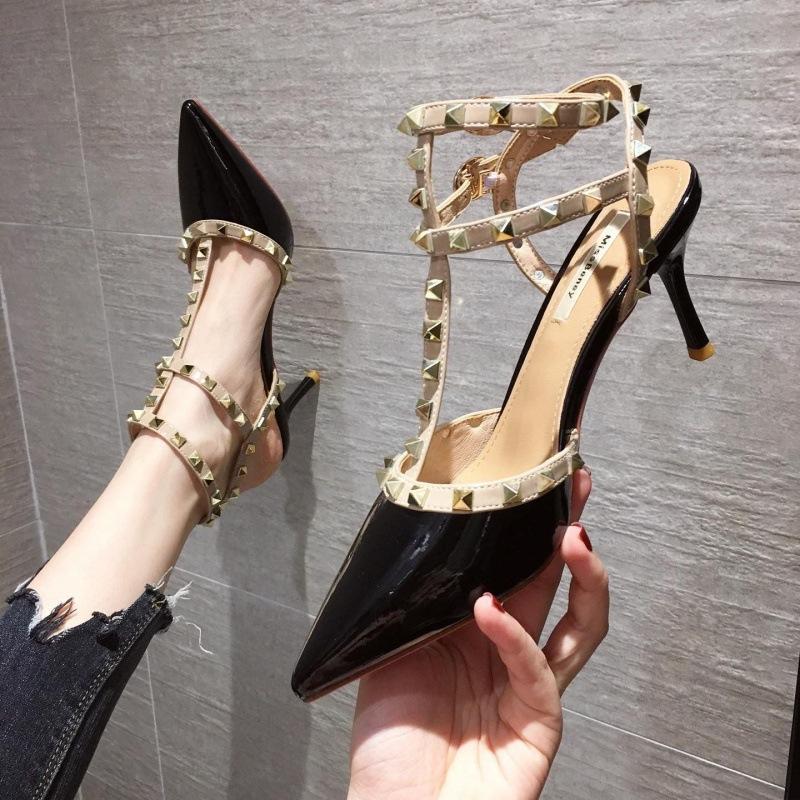 Damen-High-Heels, spitzer Zehenbereich, Stiletto-Absatz, schicke High-Ball-Absatz-Pumps mit Nieten 39 schwarz