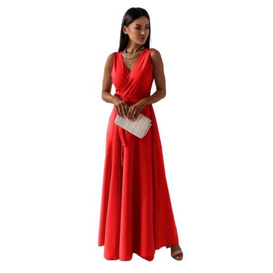 Sommer Elegantes V-ausschnitt Ärmelloses Kleid Langes Kleid Taille Spitze-up Lose Saum Einfarbig Slim Fit Maxi Party Kleid M rot
