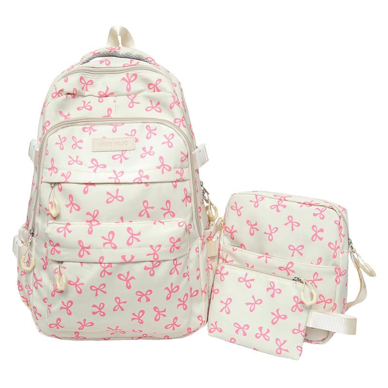 Dreiteiliges Rucksack-Set Damen Schultasche Schleifen-Rucksack Großes Fassungsvermögen Leichter Rucksack rosa/weiß