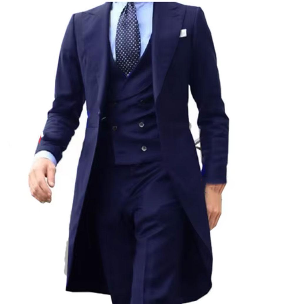 2024 Lila Long Tail Blazer 3-teilig Gentleman Männlicher Anzug Herrenmode Bräutigam Smoking für Hochzeit Abschlussball Jacke Weste mit Hose 5XL dunkelblaue schiefer