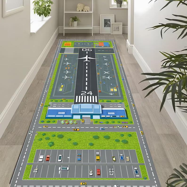 Flughafen Startbahn Läufer Teppich Flugzeug Dekoration Flugzeug Startbahn Teppich Moderne Luftfahrt Dekoration Pilotengeschenk Jungenzimmer Heimdekoration Teppich 40X120CM gray