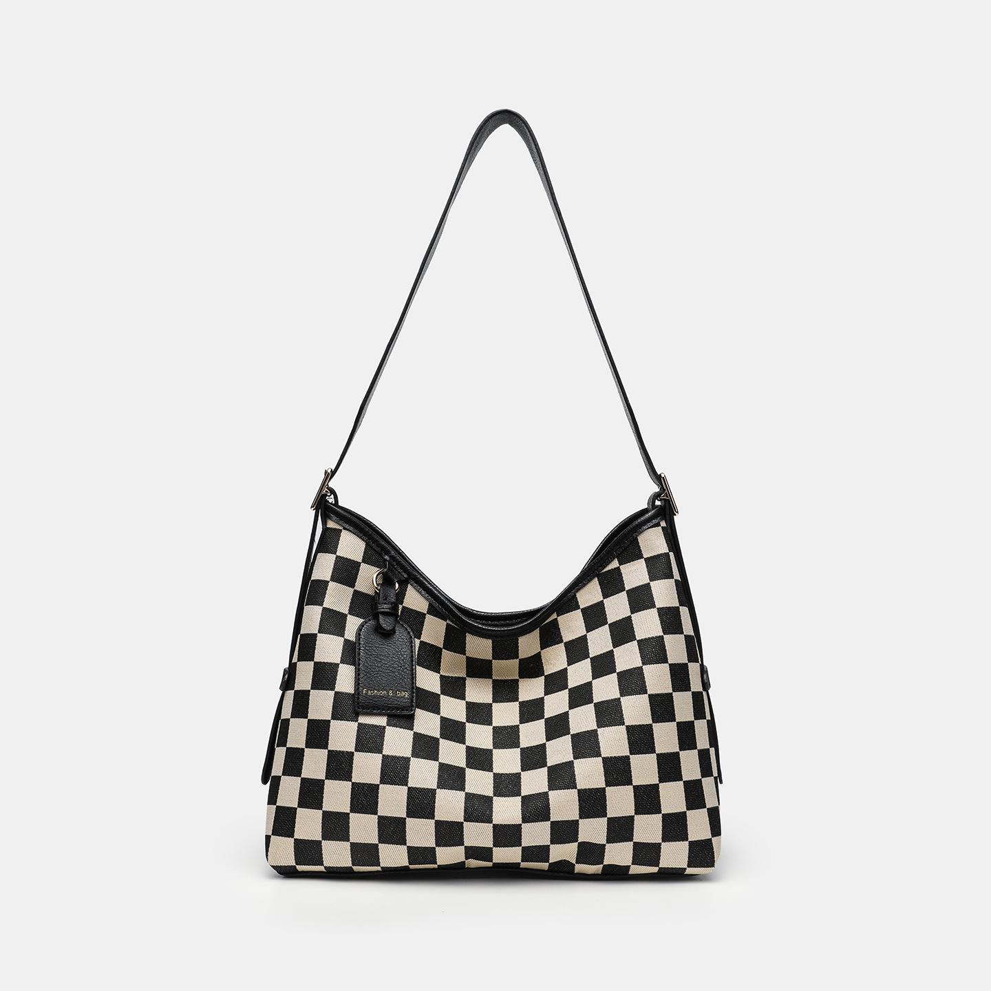 Schachbrett Muster Tasche Tragetasche Große Kapazität Schulter Achsel Tasche Herbst Und Winter Fortgeschrittener Sinn Für Arbeit Pendler Damen Tasche schwarz