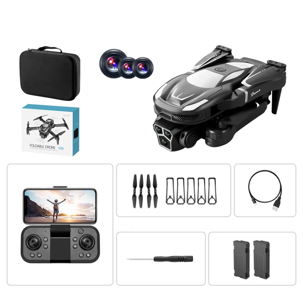 2024 Neue V68-Drohne ESC Hochauflösendes Drei-Kamera-WLAN HPV-Hindernisvermeidung Feste Höhe Leuchtendes Quadrocopter-Spielzeuggeschenk 2 battery schwarz
