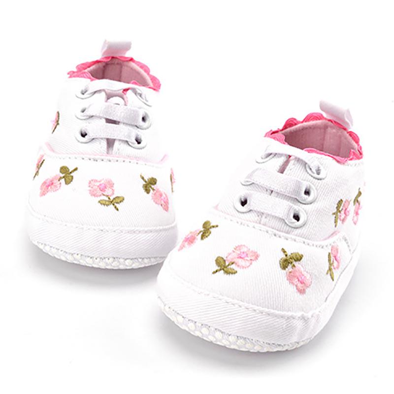 Baby-Schuhe für Mädchen, weiße Spitze, Blumenstickerei, weiche Schuhe, Prewalker-Walking-Schuhe für Kleinkinder 0-6m weiß