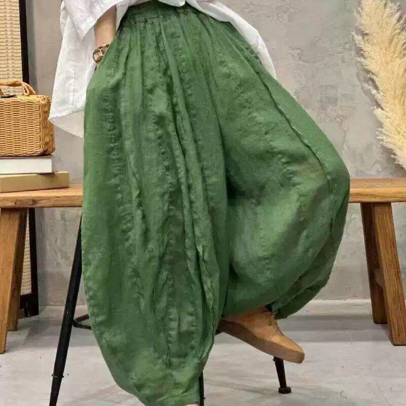 Sommer Herbst Baumwolle und Leinen Bloomers Hose Damen Lockere Hose Mode Damen Vintage Bedruckte Florale Bohemian Gerade Hose M grün