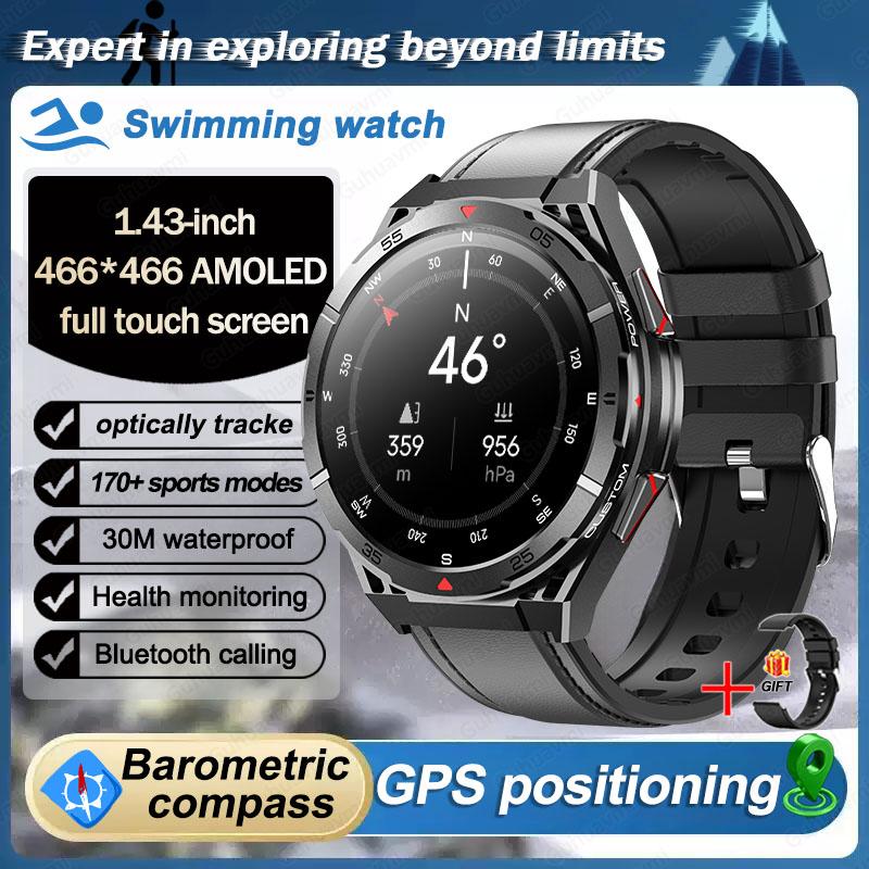 2025 Neue GPS Smartwatch Herren Bluetooth Anruf 100+Sport GPS Track Uhren Sprachassistent Wasserdichte Smartwatch Für Android IOS Leather Belt schwarz
