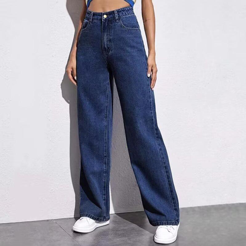 Weite Damenjeans - Gewaschen, Locker, Schlankmachend, Bodenlang für Frühling & Herbst M (95-110 jin) dunkelblaue