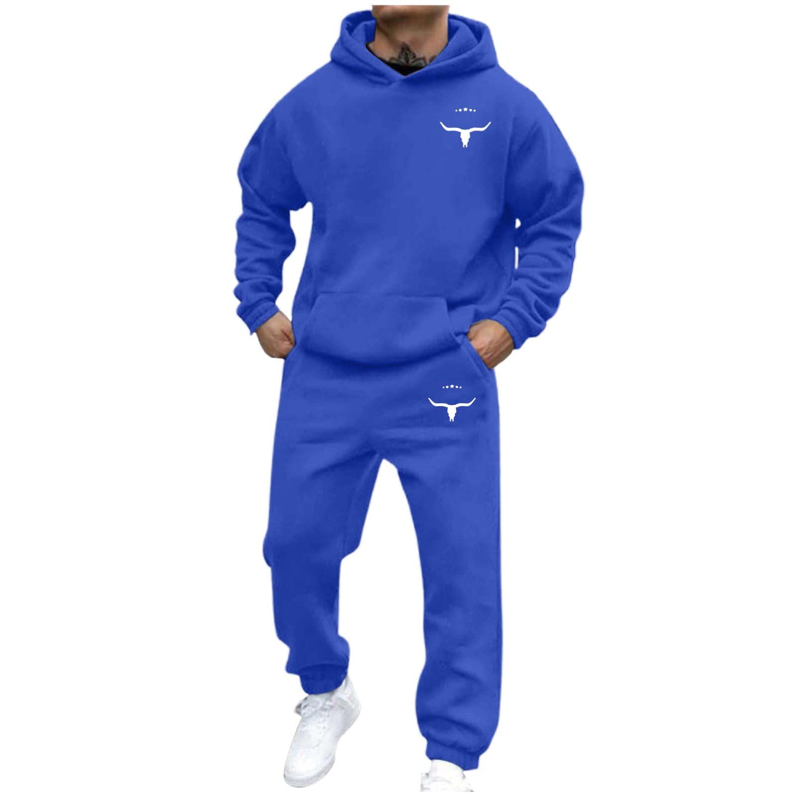 Herren Casual und personalisiert bedrucktes Langarm-Kapuzensweatshirt, Herren Sport-Sweatshirt und Sweatpants zweiteiliges Set M blau