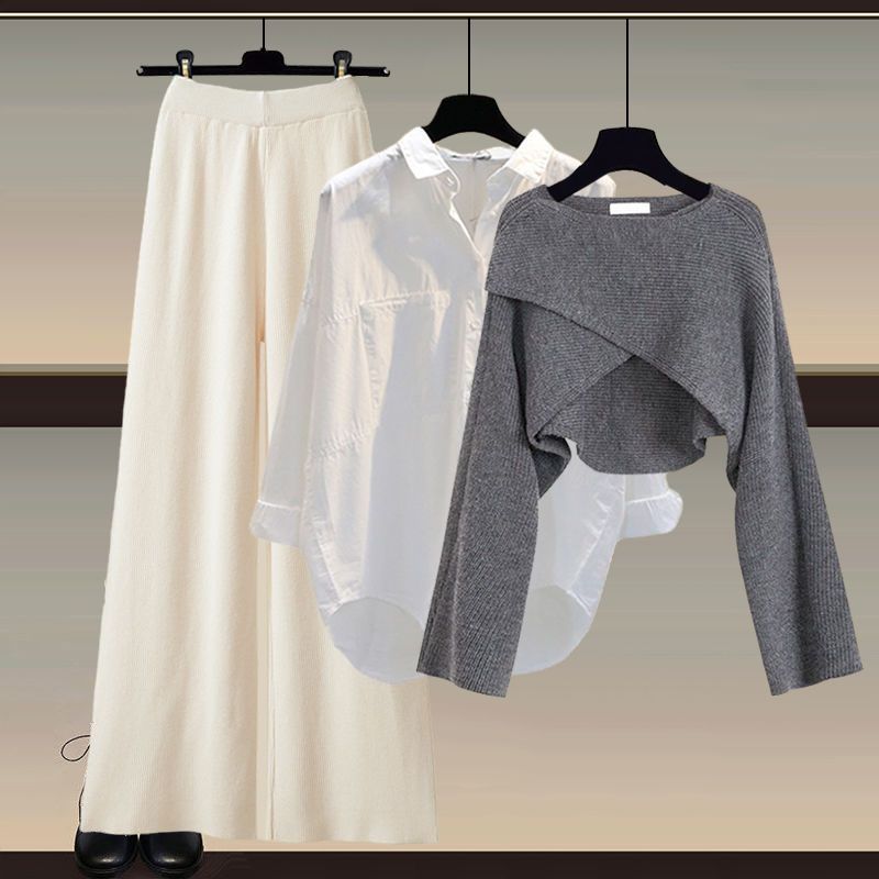 Herbst und Winter Damen Strickpullover Dreiteilige Hose Lockere Bluse Hemd Pullover und Hose mit weitem Bein und hoher Taille Vintage Lässiges dreiteiliges Set S grau/apricot