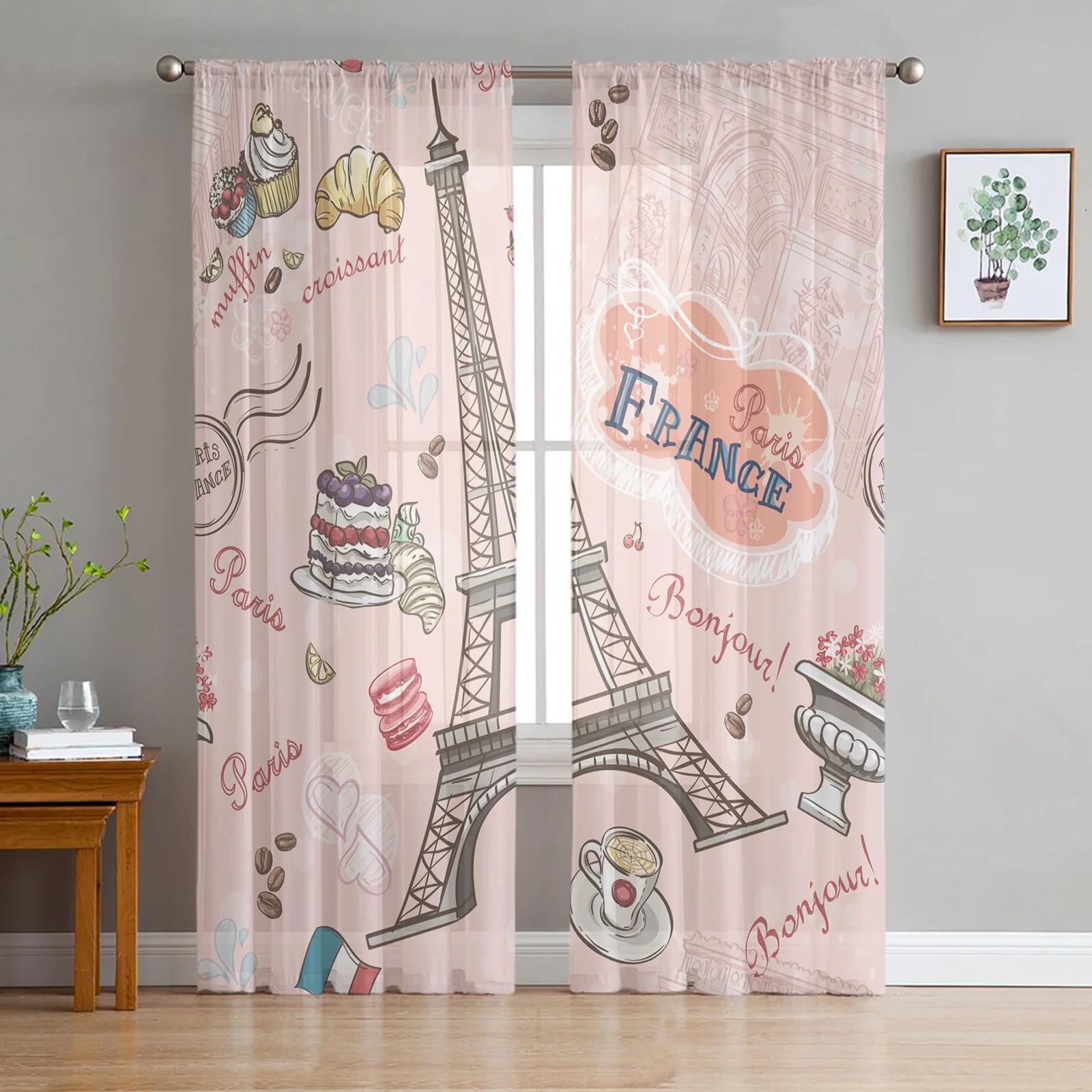 Fahrradmädchen Pariser Straße Romantik Architektur Tüll Gardinen für Wohnzimmer Schlafzimmer Fenster Vorhang Voile Organza Vorhänge W135 x H115cm x1&Rod Pocket
