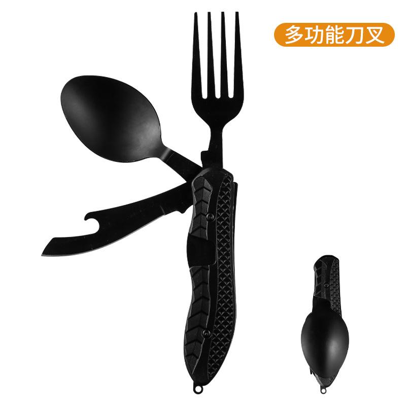 Outdoor Camping Utensilien Tragbarer Edelstahl Faltbarer Löffel Gabel Messer Flaschenöffner Combo Set Besteck Geschirr Multitool schwarz