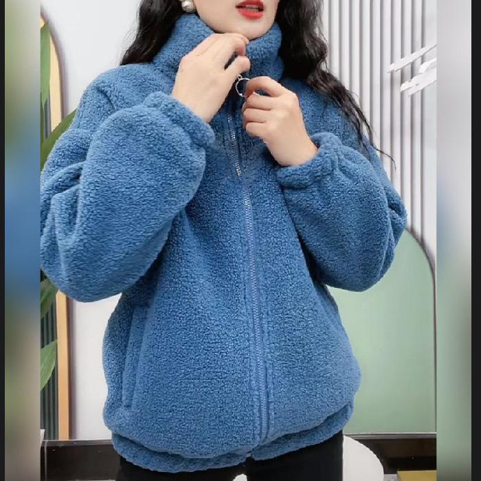 Herbst Winter Fleece Flauschige Jacke Streetwear Harajuku Fuzzy Zipper Mantel Frau Leichte Jacke Plüsch Warme Jacke Mantel XXXXL blau
