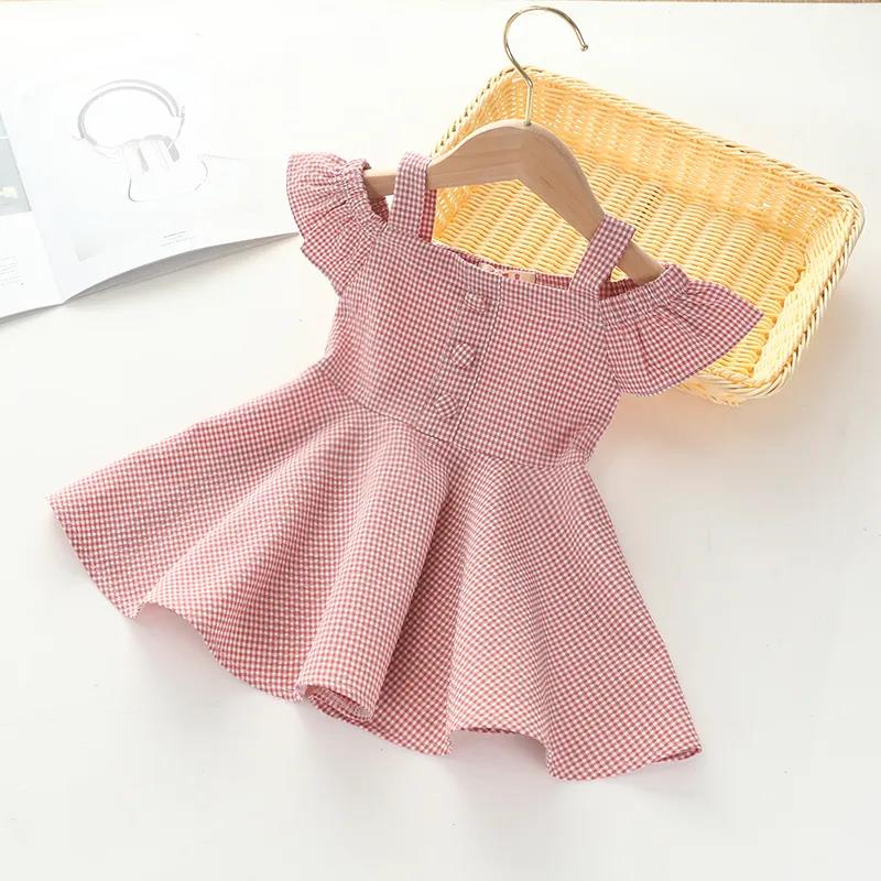 Mädchen Kleid Einfarbig Sommer Kinder Plaid Prinzessin Rock Baby Niedlichen Rock Hosenträger Lotus Blatt Ärmel Prinzessin Rock A-linie Rock 80